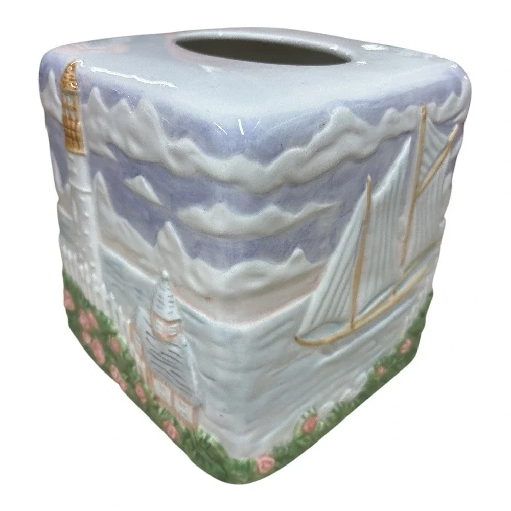 Vintage 1980s Handpainted Ceramic Tissue Box Cover Lighthouse Nautical Cottage